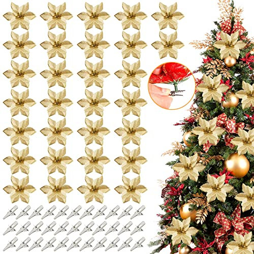 30 PCS Weihnachten Glitzer Weihnachtsstern Künstliche Blumen,Weihnachtsstern Deko Weihnachten Blumen Weihnachtsblumen Christbaumschmuck,Künstliche Weihnachten Blumen Deko mit 30PCS Vorbauten und Clips