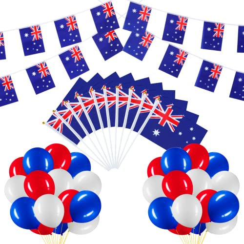 BBTO Italien Deutschland Australien Flagge Deko Set mit Fahnenkette 10 Keine Handflaggen 30 Luftballons, Party Banner Ballons Deko für Fest Sportwettbewerb Fußballspiele Parade (Australien)