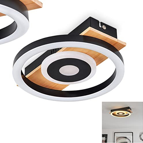 LED Deckenleuchte Taboneira, moderne Deckenlampe aus Metall/Holz/Kunststoff in Schwarz/Natur/Weiß, runde Leuchte (Ø 20 cm) mit Balken aus Echtholz, 1100 Lumen, 3000 Kelvin, 1 x LED 12 Watt (inkl.)