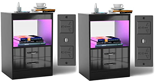 PIPIPOXER 2er Set Nachttisch mit LED Beleuchtung, Nachttisch in Schwarz mit Steckdose, Nachtschrank mit 2 Schubladen Nachschrank für Wohnzimmer,Schlafzimmer 40x35x60cm Schwarz