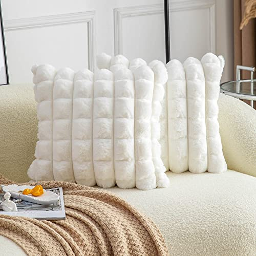 Neelvin Cream Weiße Kunstpelz Gemütliche Weiche Kariert Dekorative Kissenbezüge 16x16 Zoll, Set aus 2, Samt Kissenbezug Kissenhülle für Sofa Couch