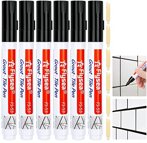 6 Pcs Grout Tile Pen, Black Grout Pen Wall Repair Pens, Tile Grout Reviver Pens for Tile Grout Wall Floor Bathrooms and Kitchen Restoring