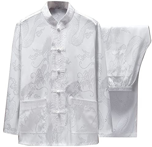 Diwimiki Traje chino Tang para hombre, uniforme de Kung Fu, camisa y pantalones, ropa tradicional Hanfu Tai Chi, Blanco, Medium