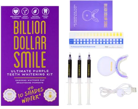 Billion Dollar Smile LED Teeth Whitening Kit - Ultimate Purple Pap Peroxide Free Teeth Whitening Solution - Fast Results Up to 10 Shades Lighter (Complete Kit)
