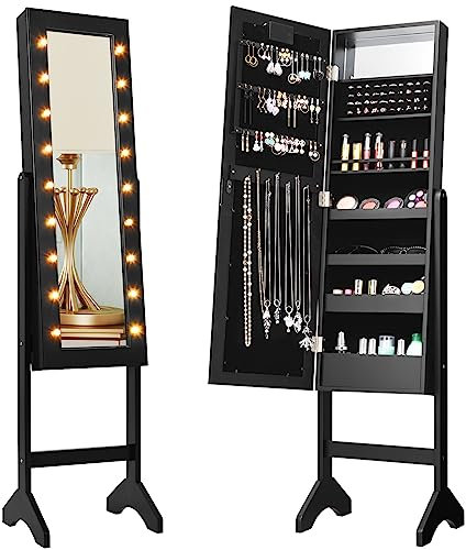HOMASIS Armoire à Bijoux de Sol Avec Miroir LED, Rangement Avec Cadre pour Caemra de Lit, Salle de Bain, Cosmétiques (Noir)