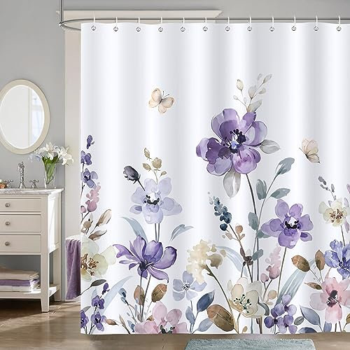 Bonhause Tenda Doccia Viola Floreale Acquerello Piante Tende per Doccia in Poliestere Impermeabile Antimuffa Lavabile Tende Bagno 180 x 180 cm con 12 Ganci