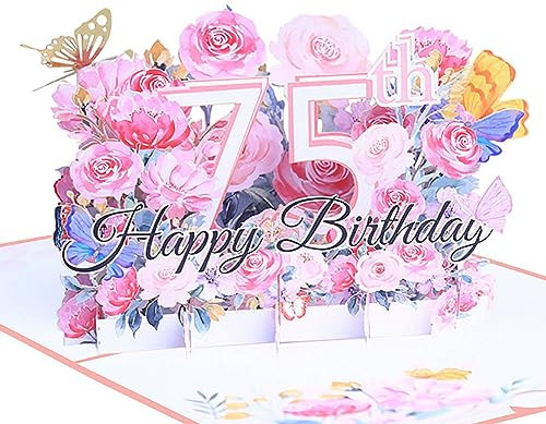 Geburtstagskarte zum 75. 3d blume pop up geburtstag karte Grußkarten Geschenk-Karte mit Umschlag Happy Birthday Greeting Card für fünfundsiebzig 75 jahre frau, Mütter, Freunden, Familie women (Rosa)