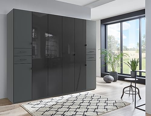 möbelando Drehtürenschrank >Danzig< in GRPAHIT + Glas SCHWARZ - 270x208x58cm (BxHxT)