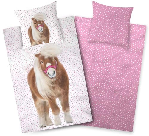 Aminata kids Bettwäsche 135x200 Mädchen Pferd Biber Baumwolle Pferde-Motiv, Reißverschluss warm & kuschelig, Flanell-Winter-Bettwäsche-Set - Wendebettwäsche Pony