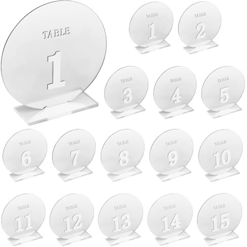 PH PandaHall 1-15 Numéros de table en acrylique avec présentoir Supports de panneau de table miroir argentés Marque-places ronds avec supports pour la décoration de restaurant Fête d'anniversaire