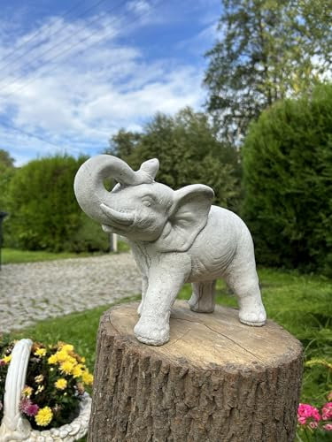 FABRIQ Elefanten deko, Elefant Figur für den Außenbereich, grau, Steinfigur, wetterfest, Steinguss, Skulptur deko, Massiver Stil L: 28cm W: 11cm H: 20cm Gewicht: 5kg, frostbeständig