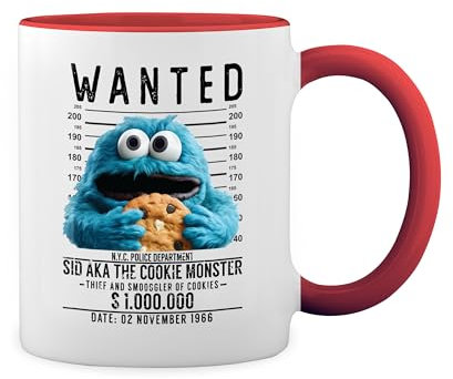 vintage monster cookies with biscuites puppets mugshot New Trend Fun Lustig Weiße Tasse Mug mit roten Felgen und Griff