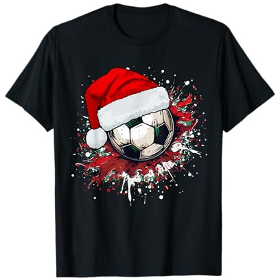 Football by Wee Tee Designs Fußball Weihnachtsmann Lustig Weihnachten Xmas T-Shirt Schwarz Unisex Erwachsene und Kinder Fußballfans Cartoon Weihnachten Kurzarm Rundhals Pullover Winter EU S