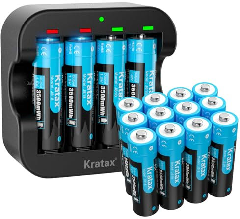 Kratax 1.5 V AA Rechargeable Lithium Battery, 3500 mWh High Capacity, Max 3A Current，1600 Long Cycles, 16 x AA Lithium Batteries with Black USB Charger, for Blink Camera VR/AR Headset Xbox Controller
