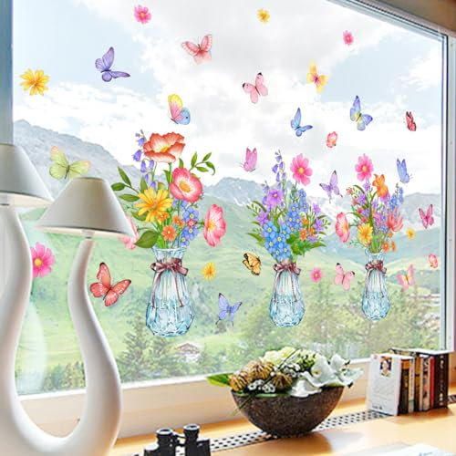 Fenstersticker Garten Blumen Vasen Fenster Aufkleber Fensterbilder Frühling Selbstklebend Blumen Schmetterlinge Fensteraufkleber Anti-Kollision Doppelseitig Glasaufkleber Frühling Sommer Glas Deko