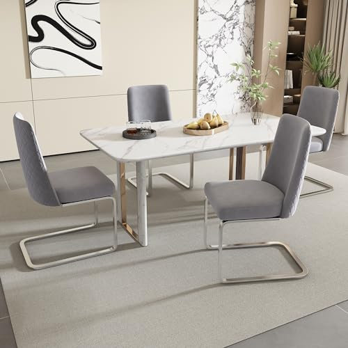 Merax Schwingstuhl 4er-Set, Samt Esszimmerstühle mit Metall-Stützbeinen, bequemer Freischwinger Stühle für Wohnzimmer, Schlafzimmer, Samt, Grau & Silber