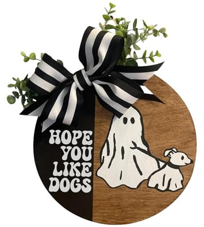 Cartello per porta d'ingresso di Halloween, cartello in legno per porta di Happy Halloween,Divertente cartello con cane fantasma che cammina fuori dal portico | Happy Halloween Welcome Door Sign Legno