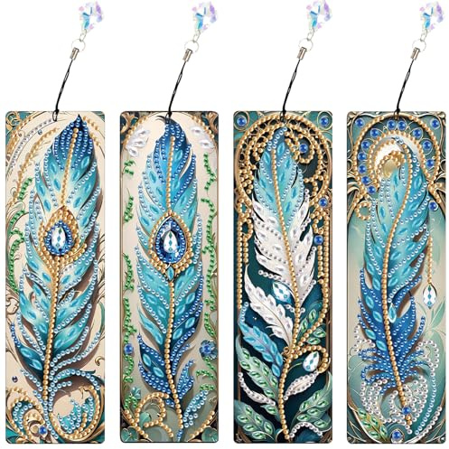 SHEGZHUC 4er Set Diamond Painting Lesezeichen Feder Blau Basteln Diamant Painting Lesezeichen Diamant Painting Feder Diamant Malerei Kunst Stickerei Kreuzstich Bilder Geschenk