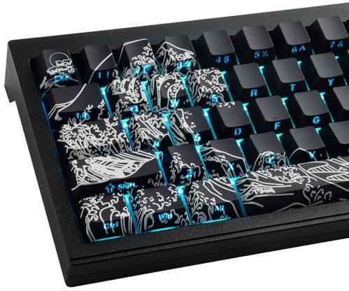 Sunzit PBT Keycaps 135 Keys Custom Keycaps Cherry Profile Dye-Sub Keycaps Set Black Wave of Kanagawa Side Print Shine Through Keycaps for MX Switches ISO/ANSI UK Layout Mechanical Gaming Keyboard