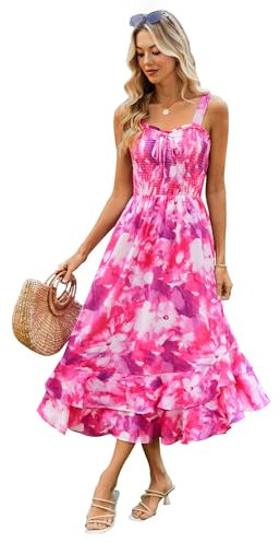 GRACE KARIN Robe longue d'été à bretelles florales pour femme, col carré, ourlet double couche, smocké, Fleur floue violette et rose, S