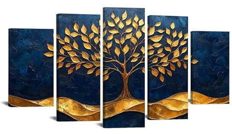 TZKRWRH 5 pezzi Albero della Vita Quadri Moderni, Albero della Vita Estetico Moderno Arte Astratto Alberi Natura Stampe Su Tela, Quadro Decorazioni Camera - (blu)