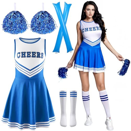 Cheerleader Kostüm Mit Pompoms, Socken, Inflatable Stick - Outfit für Mädchen, High School Uniform, Damen Kleid für Karneval Mottoparty