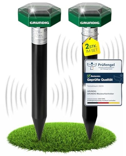 GRUNDIG Maulwurf Vertreiber Wühlmausschreck 2erPack - SCHNELLE Ergebnisse mit extremen Wirkradius I Wühlmaus, Maulwurf vertreiben - Solar Maulwurfschreck Maulwurfvertreiber (grün/schwarz)