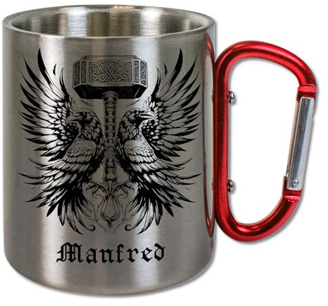 Personalisierte Wikinger Tasse | Motiv Thors Hammer und Raben | Edelstahltasse mit Name, Kaffeetasse, Metbecher mit Wunschname 300 ml V1