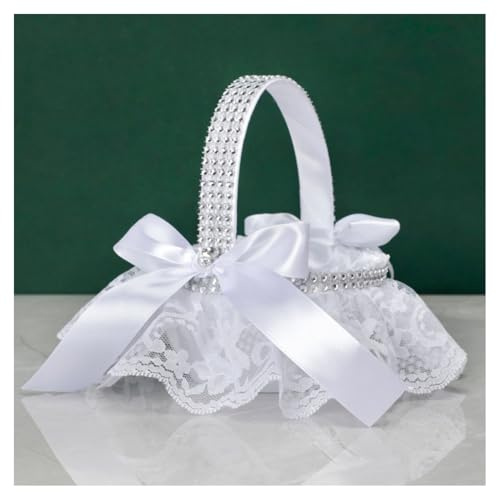 GreatRise 2 Stück Hochzeit Streukörbchen Blumenkorb Weiß Blumenmädchen Korb Klein Hochzeitskorb Kinder Satin Blumenkörbe mit Henkel Spitze Strass Perlen Blumen Streukorb für Blumenkinder Tischdeko #1