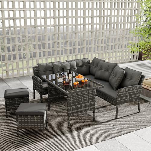 Poly Rattan Sitzgruppe Esstisch Lounge Gartenmöbel Sitzgarnitur Garten-Garnitur Set, Gartenlounge für 7 Personen, mit Sofa, Tisch, Hocker & Kissen, Abnehmbarer und waschbarer Stoffbezug,grau