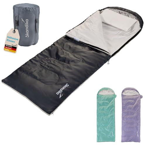 Skandika Deckenschlafsack Skye | Schlafsack 3 Jahreszeiten, mit Kissen, koppelbar, 220 x 75 cm, 250g/m² Mikrofaserfüllung, Innentasche, waschbar | Schlafsäcke Outdoor (Dunkelgrau | RV rechts)