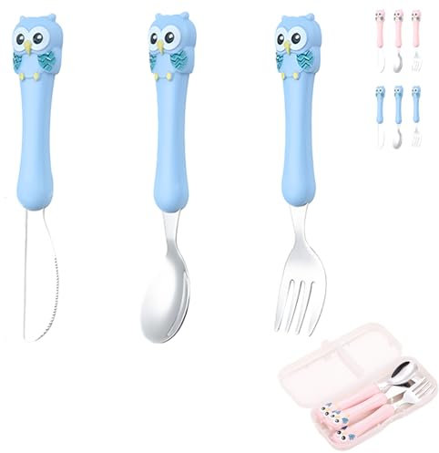 LaresDay Juego de cubiertos infantiles con caja de almacenamiento, 3 piezas de acero inoxidable (cuchillo/tenedor/cuchara), mango seguro a partir de 12 meses, cubiertos de aprendizaje para guardería y