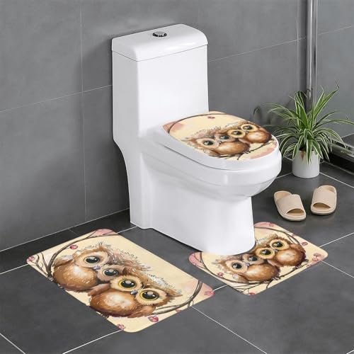 AUBKFELD Badematten-Set, Motiv: niedliche Eulen, 3-teilig, rutschfest, Badematte und Toilettensitzbezug