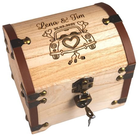 Personalisierte Schatztruhe aus Holz mit Gravur | Hochzeitsgeschenk mit Namen & Datum | Geschenkidee zur Hochzeit oder zum Hochzeitstag | Motiv Hochzeitsauto