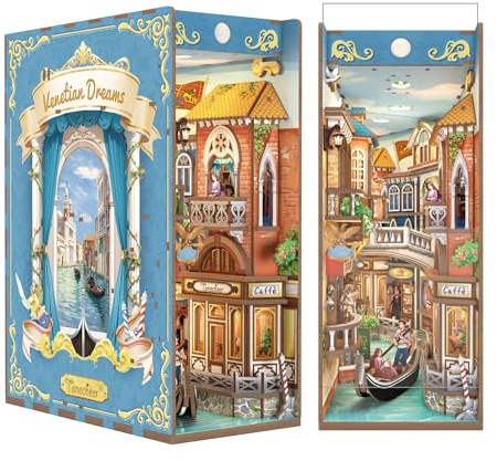 Tonecheer DIY Book Nook Kit, Venetian Dreams 3D Puzzle Wooden Miniature House Kit for Adults, Booknook Set Dollhouse Bookshelf Decor Bookend with Dust Cover and LEDs