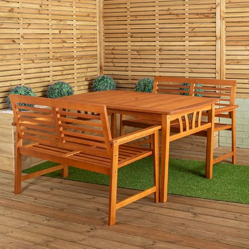 Samuel ALEXANDER Outdoor 4 Person Rectangular Wooden Garden Table, 2 Benches Furniture Set