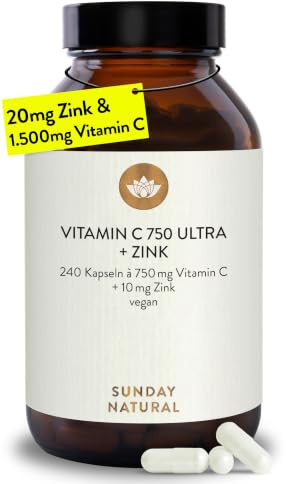 SUNDAY NATURAL® Vitamin C Zink – 1500 mg Vitamin C und Zink 20 mg pro Tagesdosis – exklusiver PureWay® Komplex aus den USA – schnelle Absorption, mit Bioflavonoiden – vegan – 240 Kapseln