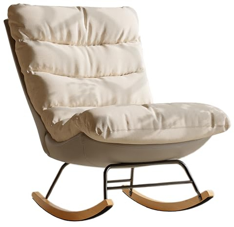 Lazyspace Schaukelstuhl, Schaukelliege Relaxstuhl mit 70 cm Extra Langer Rückenlehne, Stillsessel Schaukelstuhl für Wohnzimmer Schlafzimmer, Metallgestell und Holzsockel, Leinen, Beige, 83x72x93 cm
