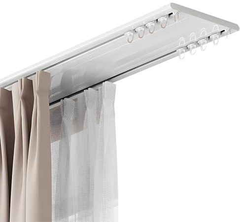 Rails de Rideau au Plafond à Rideaux à Double, Tringle de Rideaux à Rails à Double Rangée, 1-6m Rails Plafond Rideau en Aluminium pour Salon Chambre à Coucher(White,1.6m(5.2ft))