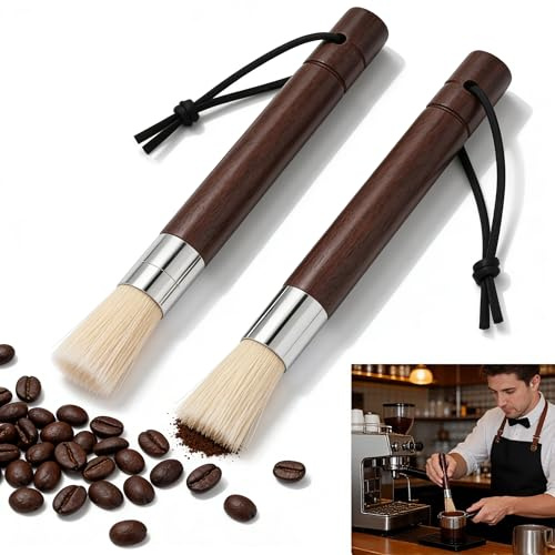 Coffee Cleaning Brushes 2-Pack Natural Bristles Coffee Grinder Cleaning Brush with Solid Wood Handle Espresso Machine Brush Cleaner Tool for Barista Home Kitchen Accessories Blackwood Hanging Loop