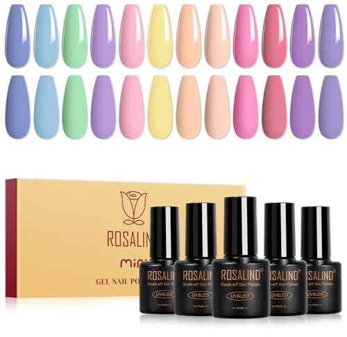 ROSALIND Pastel Gel Nail Polish 12 Colors Macarons Blue Green Purple Pink | Yellow Nude Gel Polish, Soak Off UV LED Mini Gel Nail Polish Set Nail Art Gifts for Women