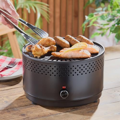 3 PAGEN® Barbacoa eléctrica de carbón vegetal con ventilador, adecuada para balcón, terraza y parque, barbacoa sin humo, pequeña y compacta, incluye pinzas, cepillo y bolsa, diámetro de 29 cm