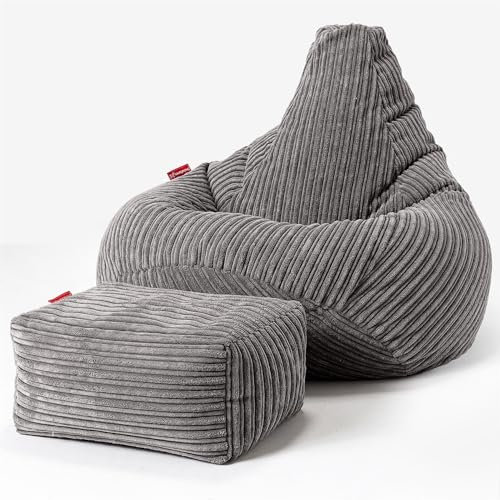 Lounge Pug, Gaming Sitzsack Sessel mit Hocker, Cord Schiefergrau