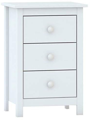 Moblit Mesita de Tres cajones Madera de Pino Macizo Color Blanco Lavado Seria Alme Medidas (63 x 43 x 35) cm (AltoxAnchoxFondo)