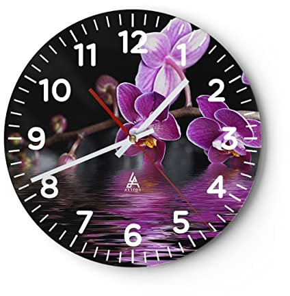 Modern Wanduhr Asien exotisch Orchidee Blume 30x30cm Rund Klein Wand Uhr Glas Analog Zimmeruhren Küche Büro Wohnzimmer Glasuhr Wall Clock Dekoration Design Wanddekoration Küchenuhr C4AR30x30-2312