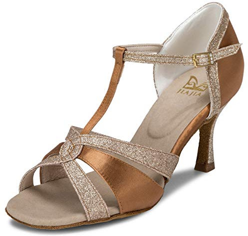 JIAJIA 20519 Women's Satin Sandals Flared Heel Latin Salsa Performance Dance Shoes Colour Tan,Size 5.5 UK/39 EU