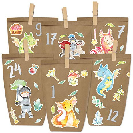 Papierdrachen Adventskalender zum Befüllen - Ritter und Drachen zum Aufkleben - mit 24 braunen Papiertüten und tollen Stickern für Kinder - Weihnachten