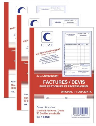 ELVE Lot de 3 Manifolds AUTO-ENTREPRENEUR Facture/Devis 21 x 14 cm Vertical 50 dupli