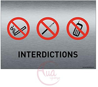 AUA SIGNALETIQUE - Plaque de porte Aluminium brossé imprimé AluSign - 210x150 mm - Double Face adhésif au dos (Interdictions)