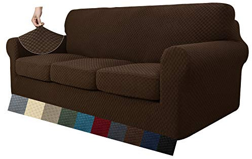 MAXIJIN Stretch Sofabezug Thick Couchbezug mit Separatem 3 Kissenbezügen Jacquard-Karo Schonbezug Sofa Wohnzimmer mit Elastische Bänder und Schaumstoffstäbe (4 Sitzer, Dunkler Kaffee)